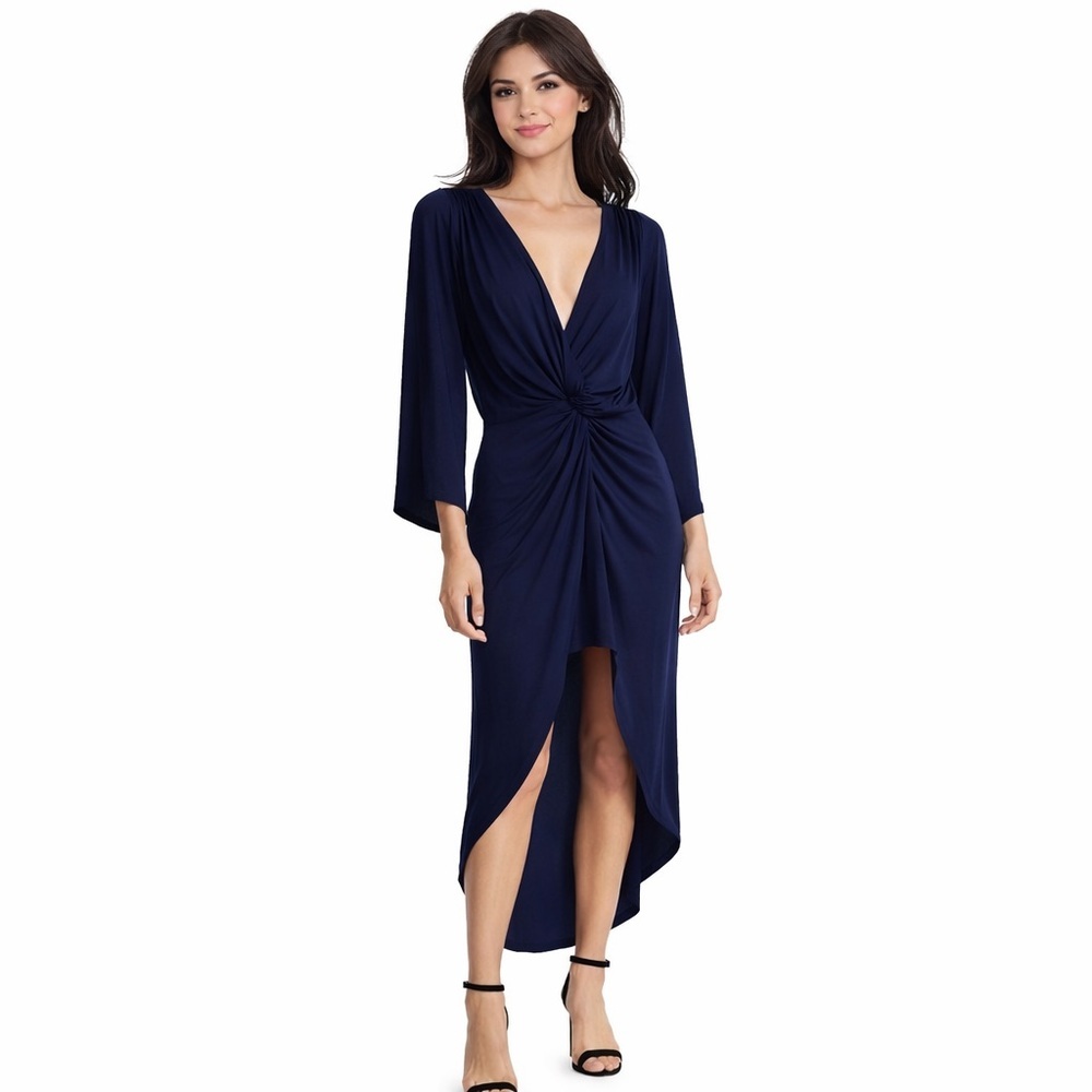 MISA Los Angeles Teget Navy Blue Knot Front Midi Dress Bell Sleeve Jersey Small